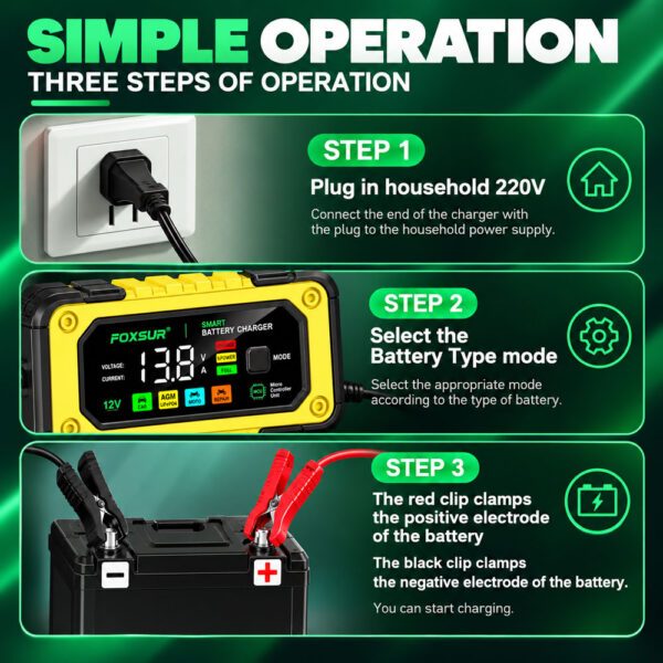 Smart Battery Charger 12V 7A LCD Display | Automatic Lead-Acid AGM Gel - Image 10