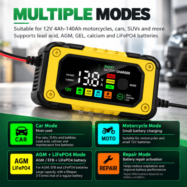 Smart Battery Charger 12V 7A LCD Display | Automatic Lead-Acid AGM Gel - Image 4