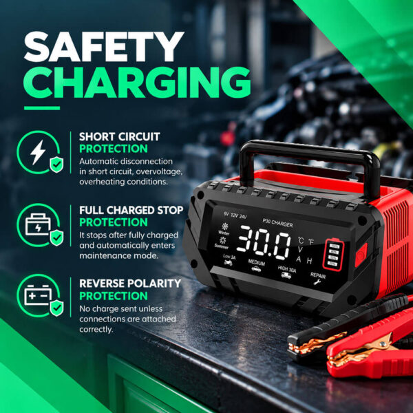 Automatic Smart Car Battery Charger for LiFePO4/Lithium/Lead-acid Batteries, 6/12/24V 30A - Image 7