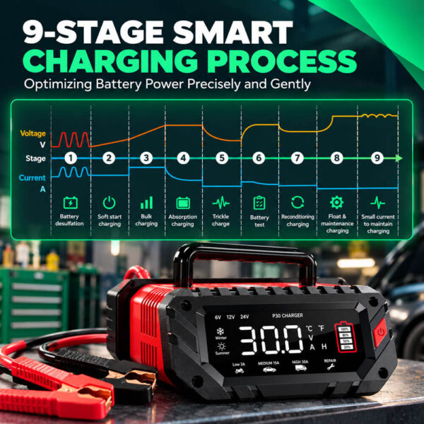 Automatic Smart Car Battery Charger for LiFePO4/Lithium/Lead-acid Batteries, 6/12/24V 30A - Image 8