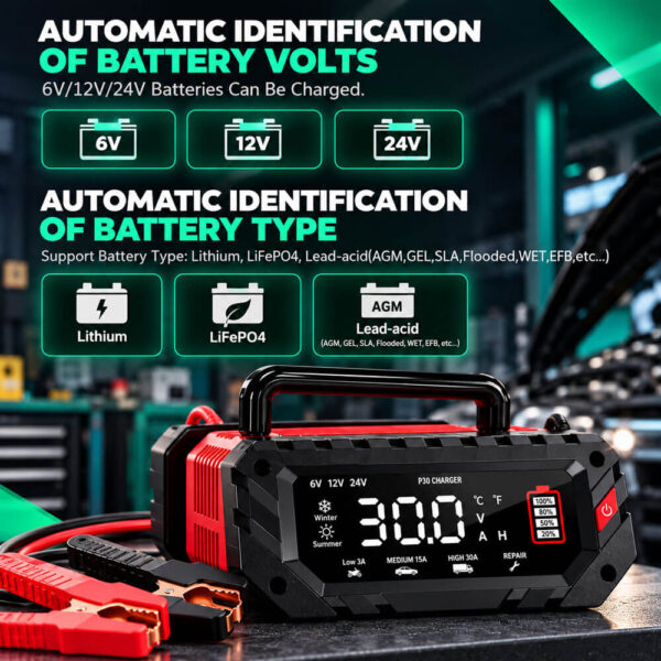 Automatic Smart Car Battery Charger for LiFePO4/Lithium/Lead-acid Batteries, 6/12/24V 30A - Image 6