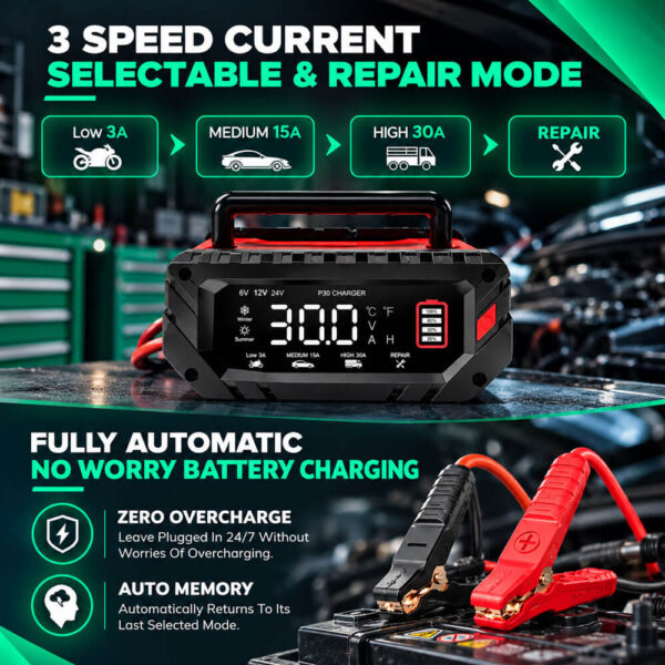 Automatic Smart Car Battery Charger for LiFePO4/Lithium/Lead-acid Batteries, 6/12/24V 30A - Image 5