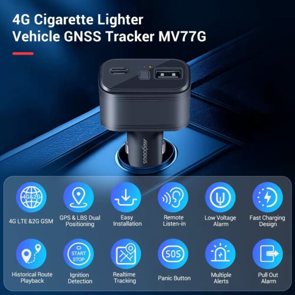 MV77G 4G GPS Tracker & USB Car Charger | Real-Time Vehicle Tracking, SOS Button, Voice Monitoring, Dual USB Ports, Lifetime Free App Access - Image 6