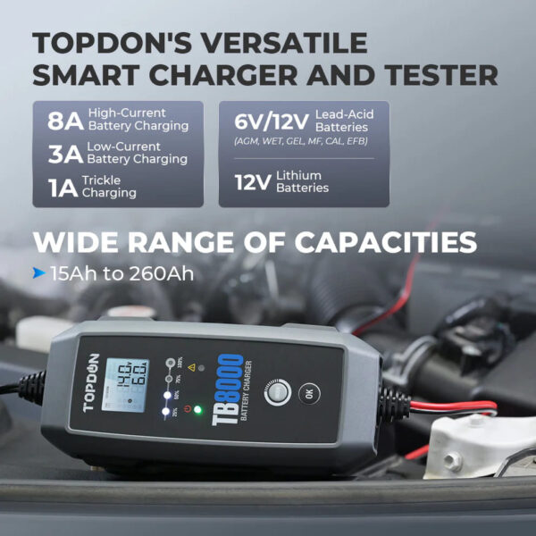 TOPDON TB8000 Smart Battery Charger 6V/12V | 8A/3A/1A | IP65 | Cars, Boats & More | AGM/Lithium Batteries - Image 6