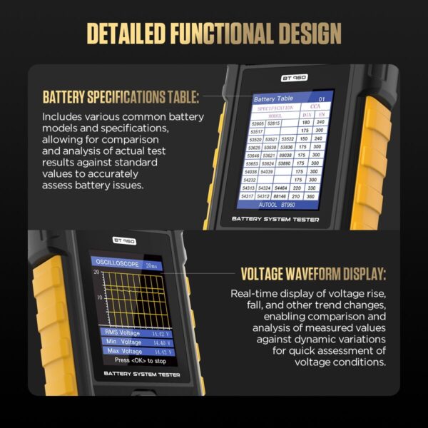 AUTOOL BT960 Battery Tester with Leakage Testing, Temp Monitoring, Printer & More - Image 6