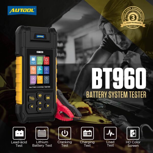 AUTOOL BT960 Battery Tester with Leakage Testing, Temp Monitoring, Printer & More - Image 4