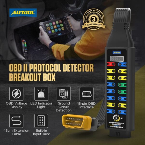 AUTOOL OBD2 Breakout Box Protocol Detector – Upgraded Version with LED Indicators, Voltage Display & Power Detection - Image 2