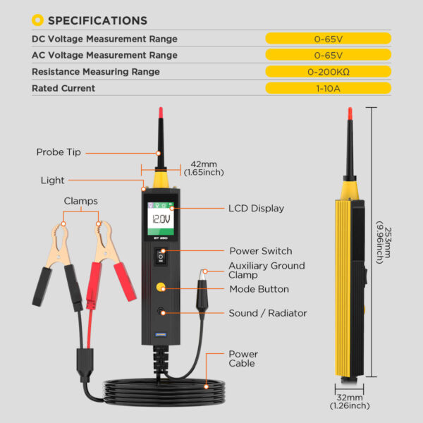 AUTOOL BT250 Automotive Electrical Circuit Tester with LCD Display and Overload Protection - Image 12