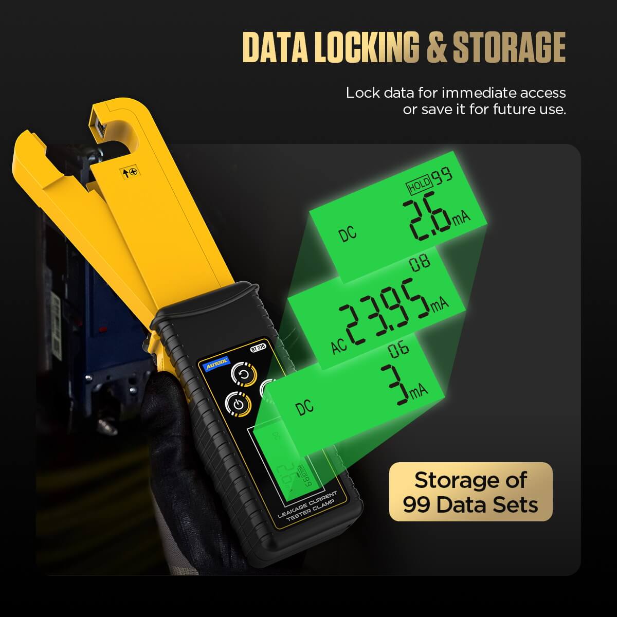 AUTOOL BT270 Leakage Current Clamp Meter with 1mA Resolution with 99-Set Data Memory - Image 5