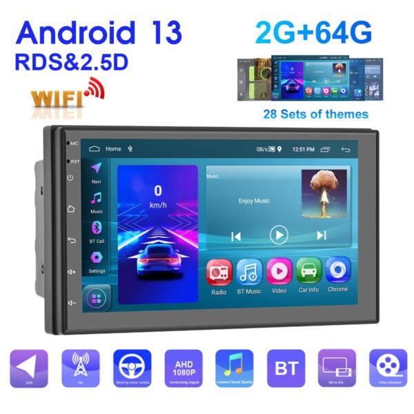 Double Din Universal 7-Inch Android 13 Car Stereo Wireless CarPlay, 2GB+64GB, GPS, Reverse Input, WiFi & Bluetooth & More - Image 2