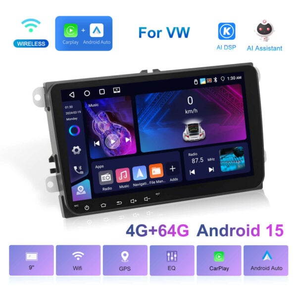 9-Inch Android 13 Double Din Car Stereo (VW & Seat) with Wireless Connection 4GB RAM + 64GB ROM (Passat,Golf,MK5,MK6,Jetta & More) - Image 3