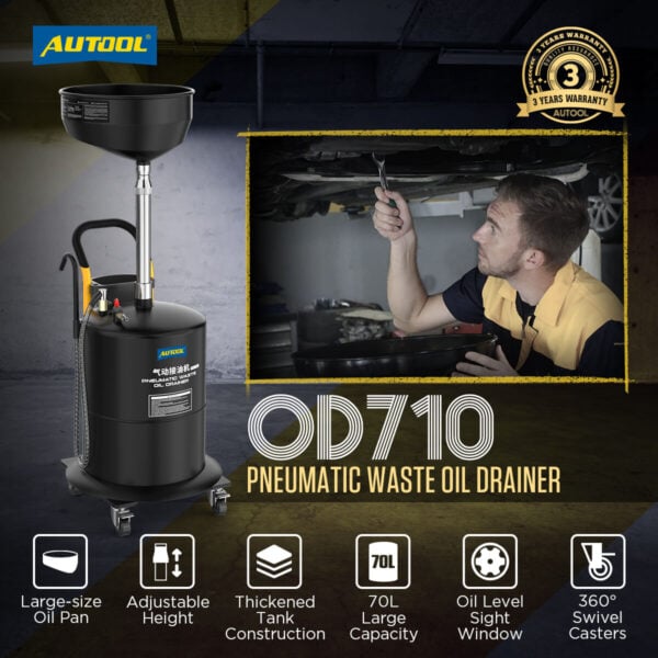 Autool OD710 70L Pneumatic Oil Picker & Waste Oil Tank with Adjustable Height & Thicker Steel Body - Image 2