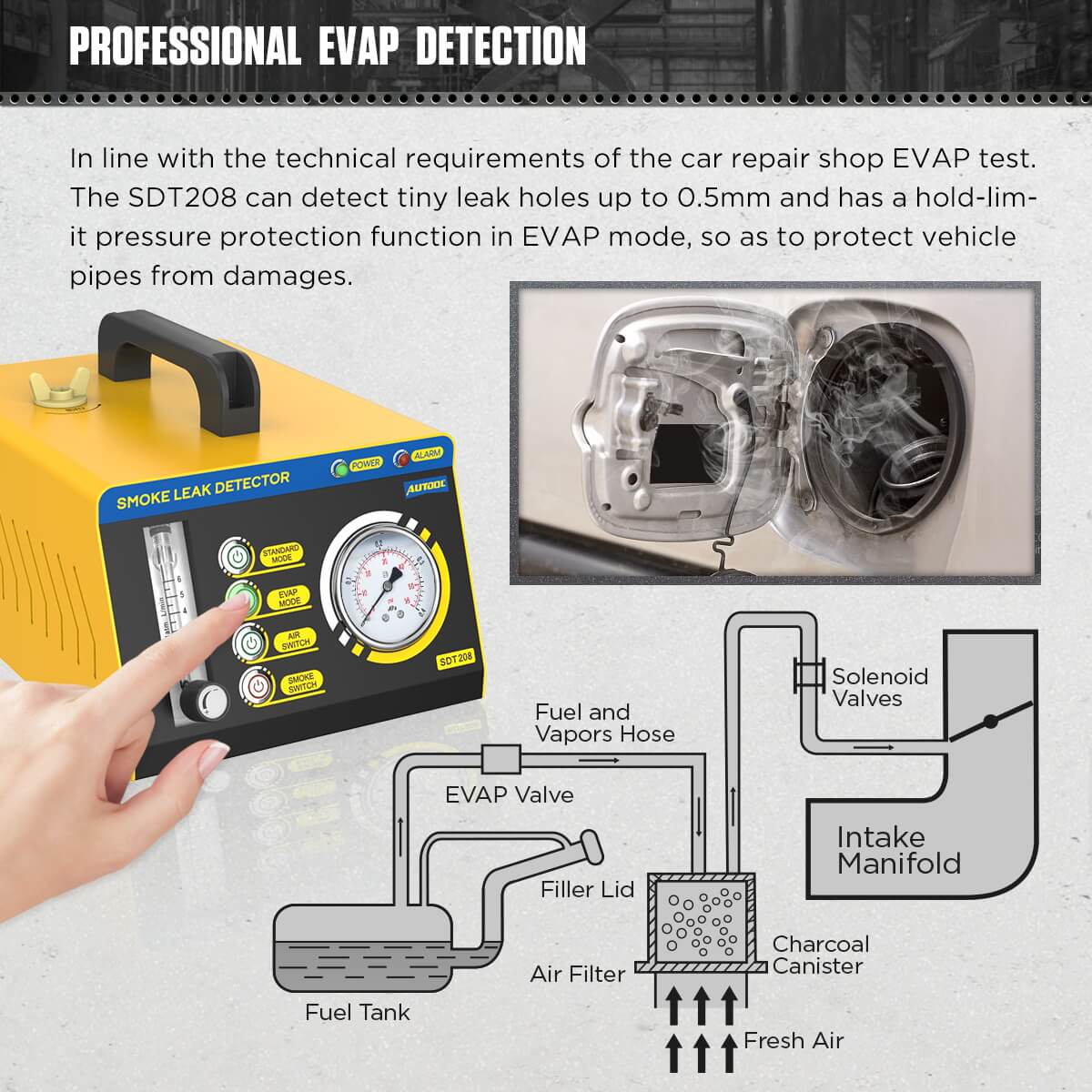 Autool SDT208 EVAP Smoke Leak Detector with Dual Modes and Flow Meter for Automotive Diagnostics - Image 2