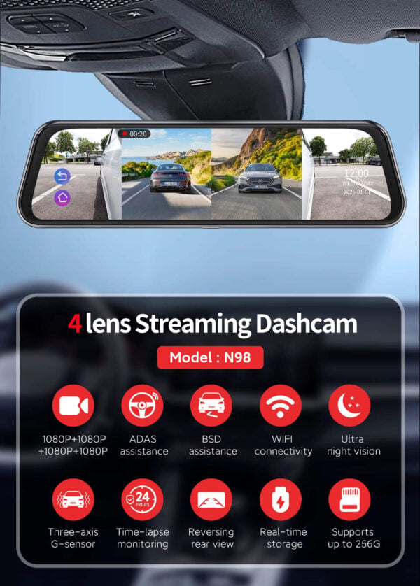 4-Lens Mirror Dash Cam 360° ADAS Smart Driving Recorder - Image 2