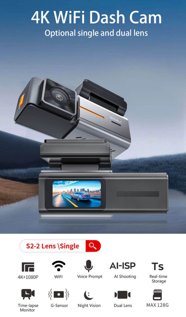 4K Dual Dash Cam Compact WiFi Vehicle Recorder with Optional GPS - Image 3