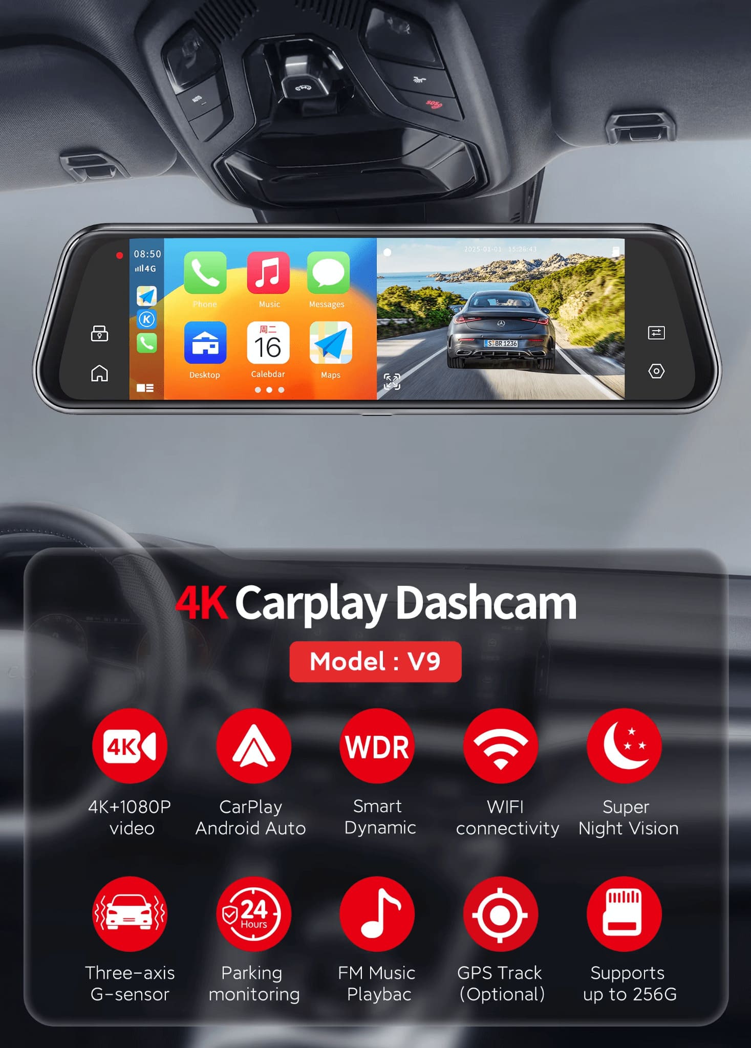 4K Dual Lens CarPlay & Android Auto Dash Cam Smart Rearview Mirror Recorder WiFi - Image 4