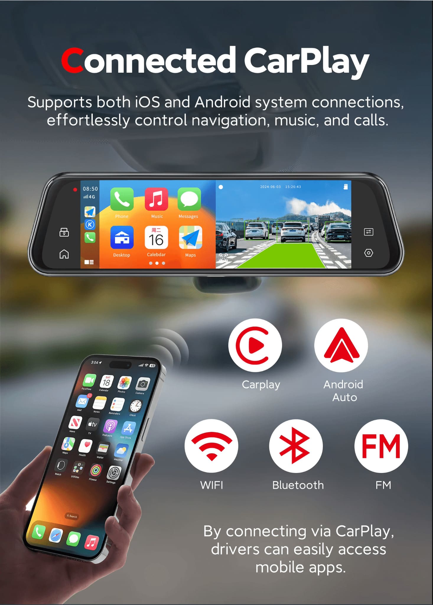 4K Dual Lens CarPlay & Android Auto Dash Cam Smart Rearview Mirror Recorder WiFi - Image 5