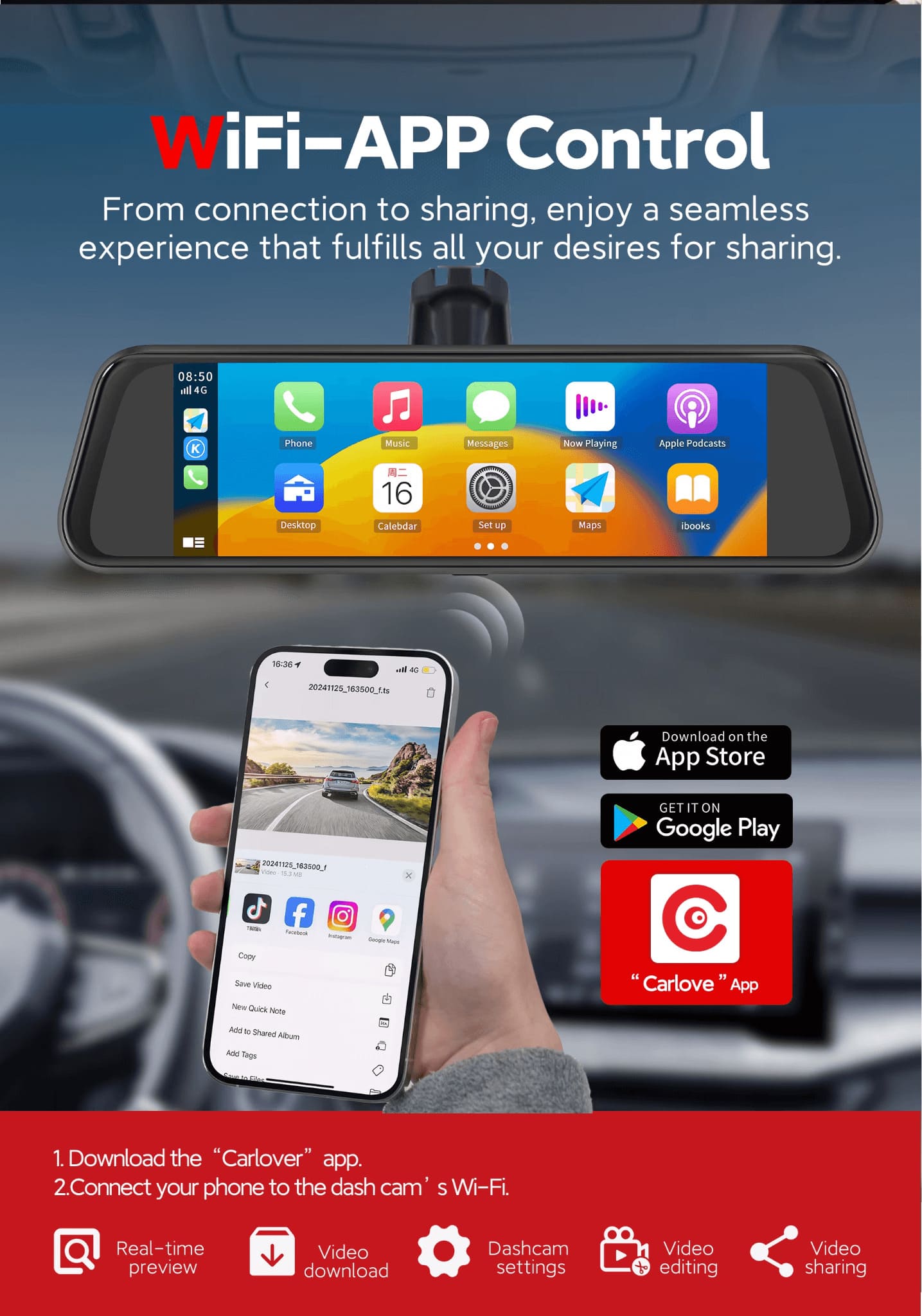 4K Dual Lens CarPlay & Android Auto Dash Cam Smart Rearview Mirror Recorder WiFi - Image 6