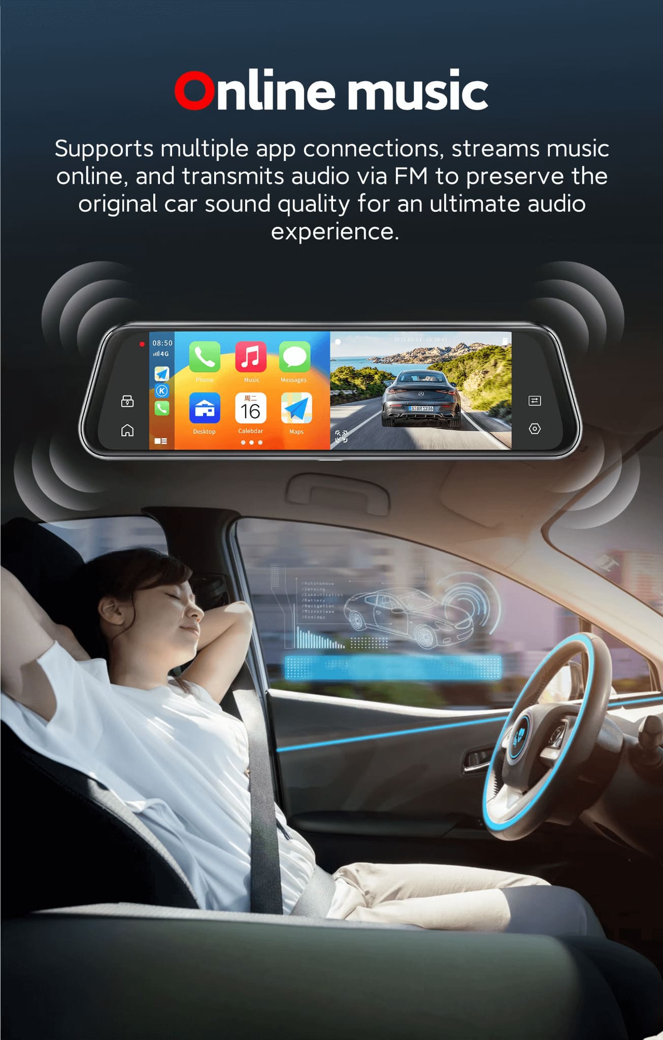 4K Dual Lens CarPlay & Android Auto Dash Cam Smart Rearview Mirror Recorder WiFi - Image 7
