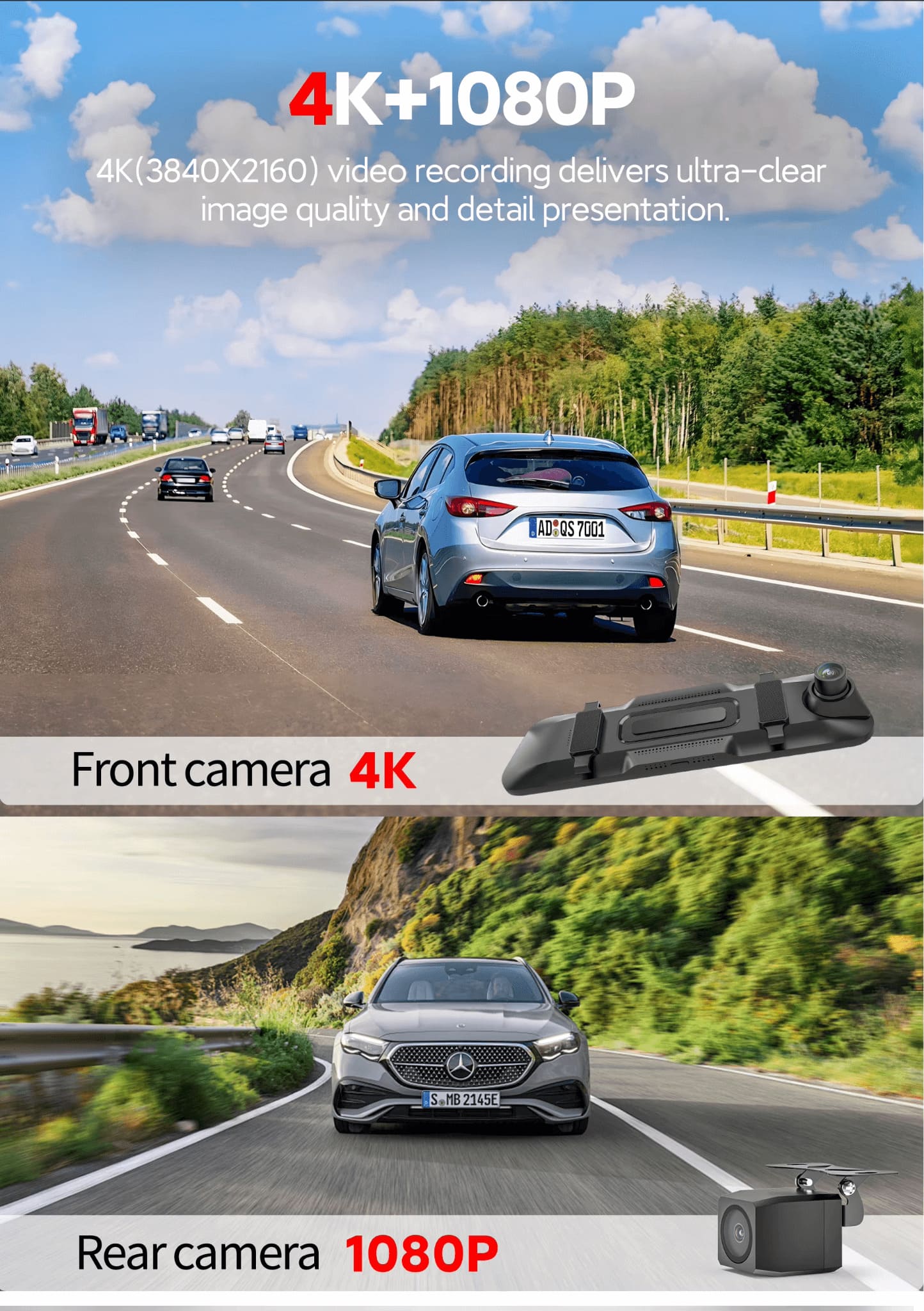 4K Dual Lens CarPlay & Android Auto Dash Cam Smart Rearview Mirror Recorder WiFi - Image 8