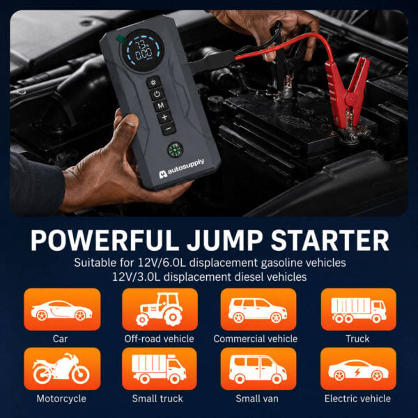 4-in-1 16000mAh 2000A Portable Car Jump Starter | 45W Fast Charging, Tire Inflator, Power Bank & Light - Image 6
