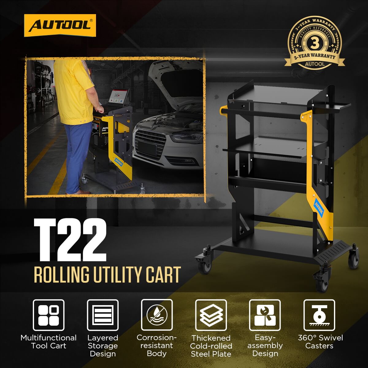 AUTOOL T22 Rolling Utility Cart Heavy Duty Workshop Trolley - Image 2